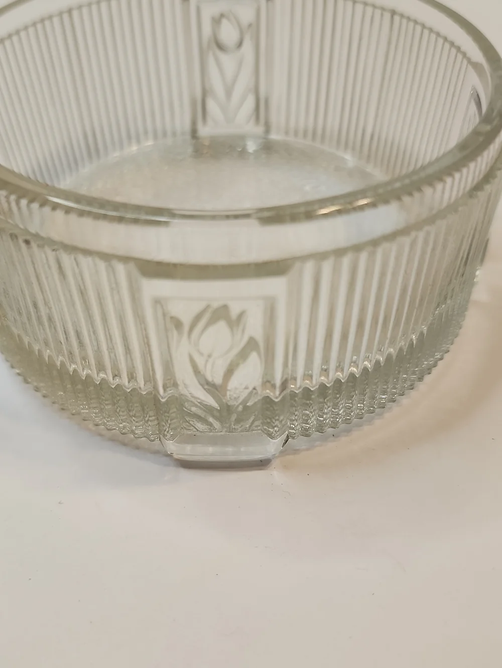 Vintage Round Glass Dresser Jar with Brass Lid 4 Tulips Outside Glass. Flawless